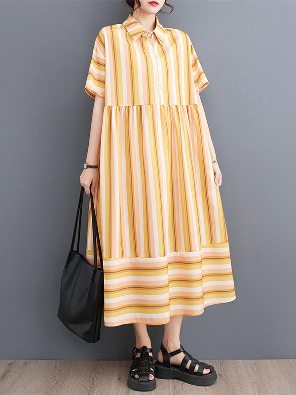 Split-Joint Striped Loose Short Sleeves Lapel Midi Dresses