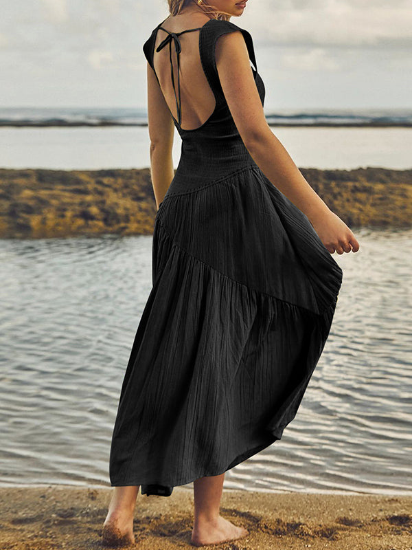 Backless Elasticity Lace-Up Pleated Solid Color Split-Joint Loose Sleeveless Square-Neck Maxi Dresses