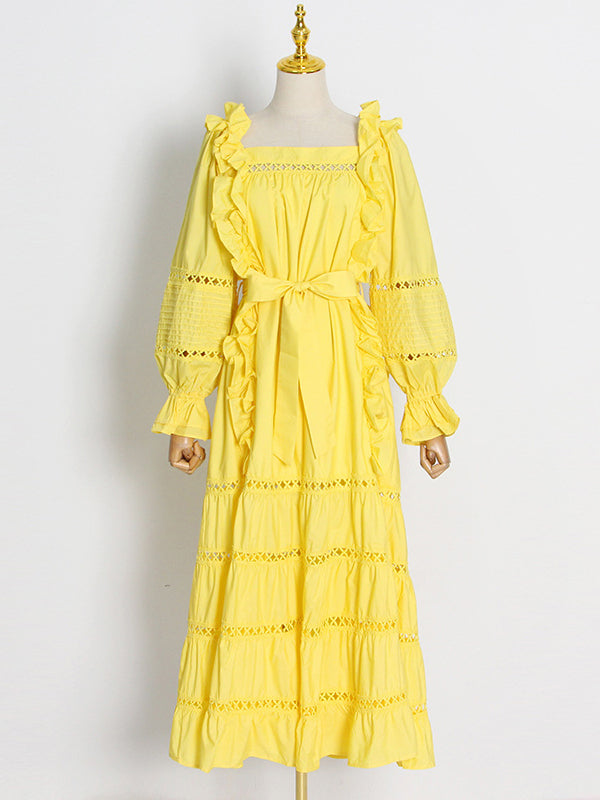Bohemia Long Sleeves Loose Solid Color U-Neck Maxi Dress
