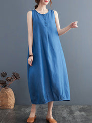 Buttoned Pleated Solid Color A-Line Loose Round-Neck Midi Dresses