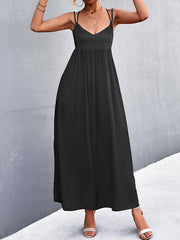 Backless Solid Color Tied A-Line High Waisted Deep V-Neck Slip Dress Midi Dresses