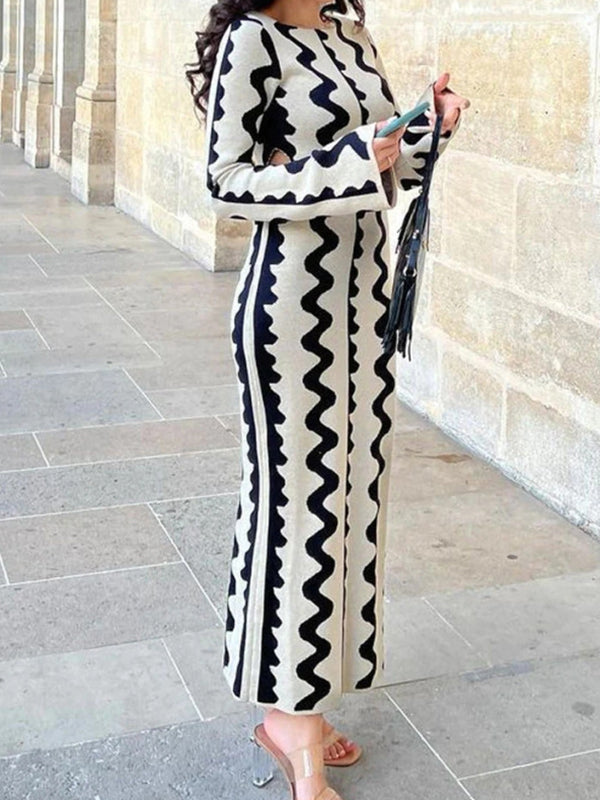 Hollow Printed High Waisted Long Sleeves Round-Neck Maxi Dresses