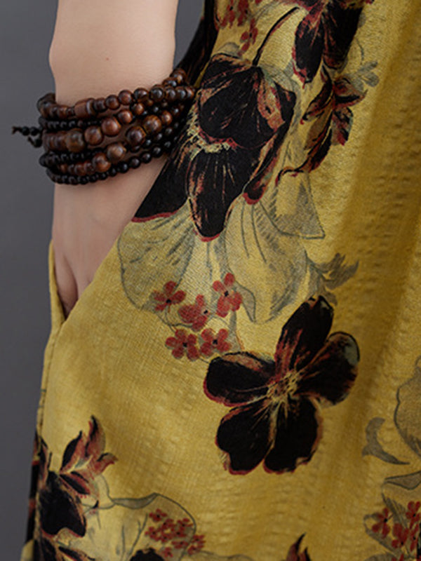 Pleated Printed Split-Joint Loose Short Sleeves Round-Neck Midi Dresses