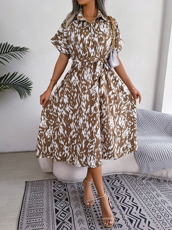 Leopard Ribbed Loose Short Sleeves Lapel Midi Dresses
