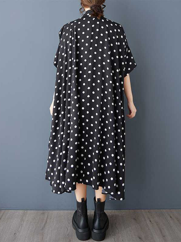 Asymmetric Buttoned Polka-Dot A-Line High-Low Lapel Shirt Dress Midi Dresses