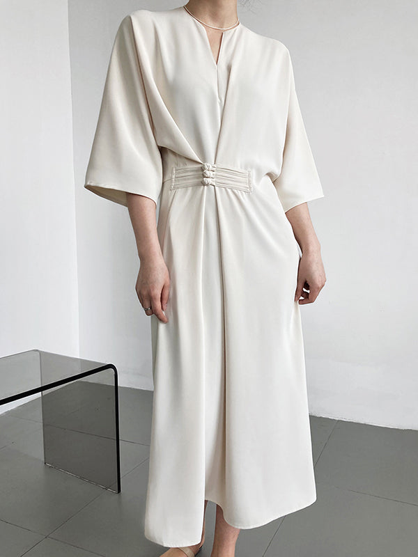 Vintage Loose Half Sleeves Buttoned H-Line Midi Dress