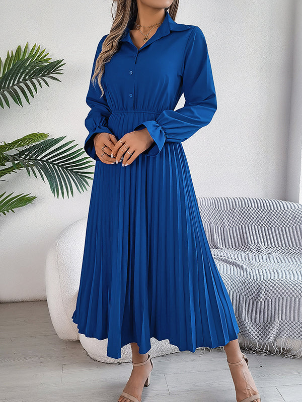 Buttoned Elasticity Pleated Solid Color A-Line Flared Sleeves Lapel Maxi Dresses