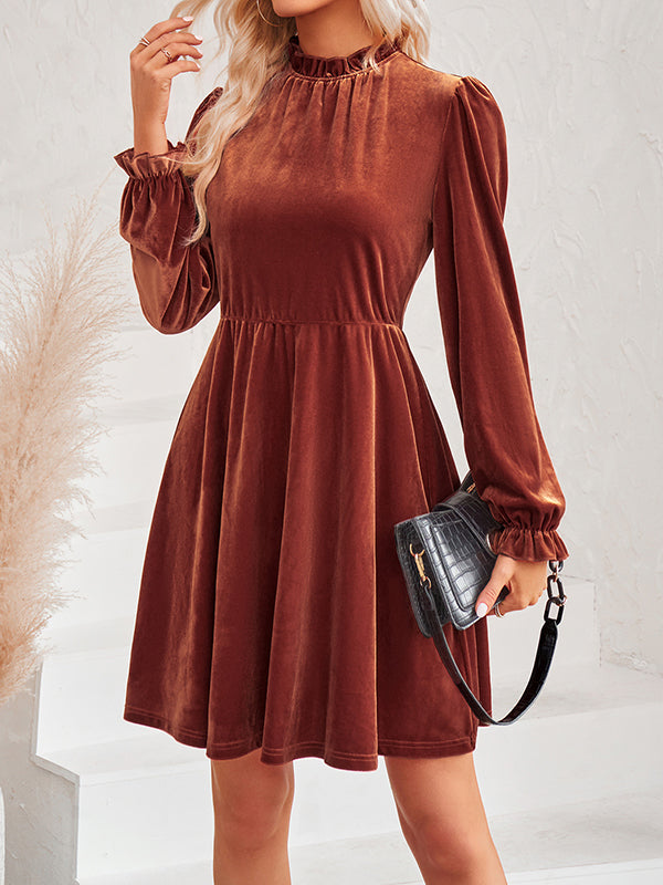 Hollow Ruffled Solid Color Velvet A-Line High Waisted Mock Neck Mini Dresses