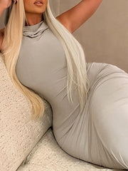 Hooded Solid Color Split-Back Bodycon High Waisted Maxi Dresses