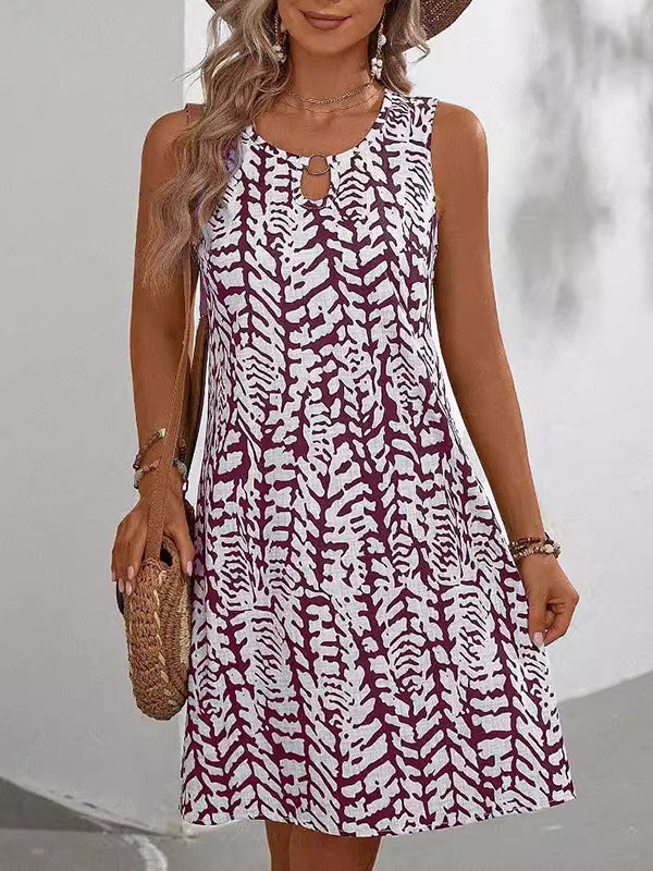 Hollow Printed A-line Loose U-neck Mini Dresses