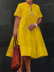 Solid Color Loose Short Sleeves Deep V-Neck Shirt Dress Midi Dresses