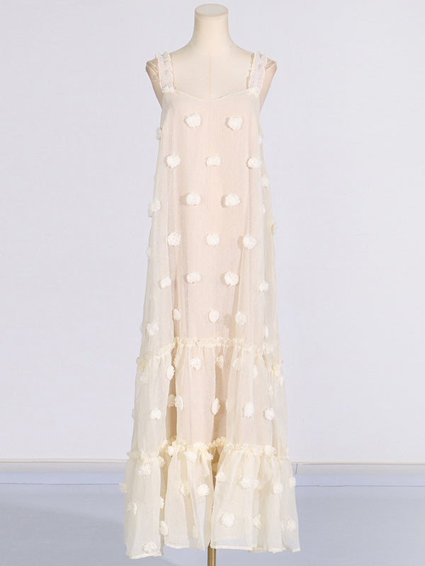 Layered Pleated Split-Joint Three-Dimensional Flower A-Line High Waisted Spaghetti-Neck Maxi Dresses
