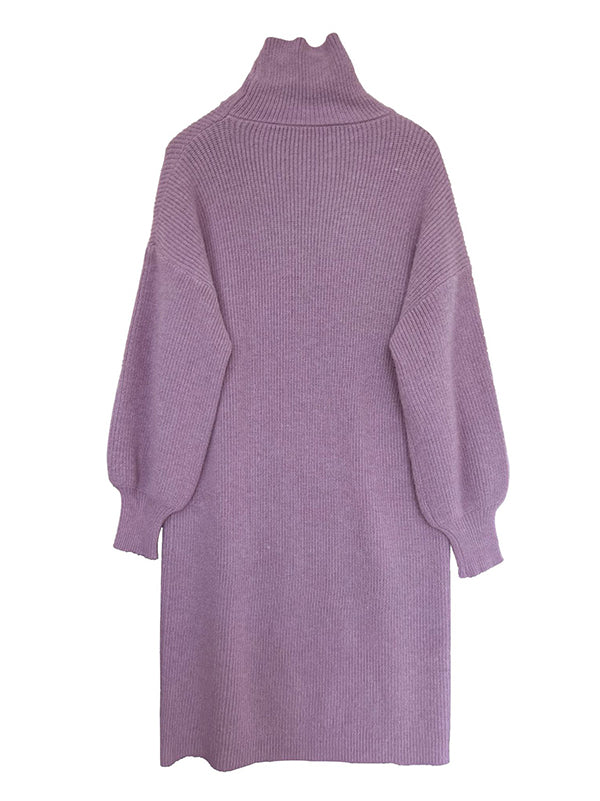 Urban Loose Puff Sleeves Solid Color High-Neck Sweater Dresses