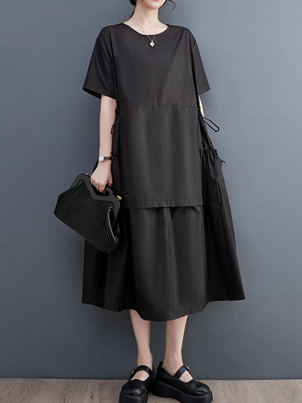 Solid Color Split-Joint Loose Short Sleeves Round-neck Midi Dresses