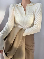 Solid V Neck Ribbed Splice Sweater