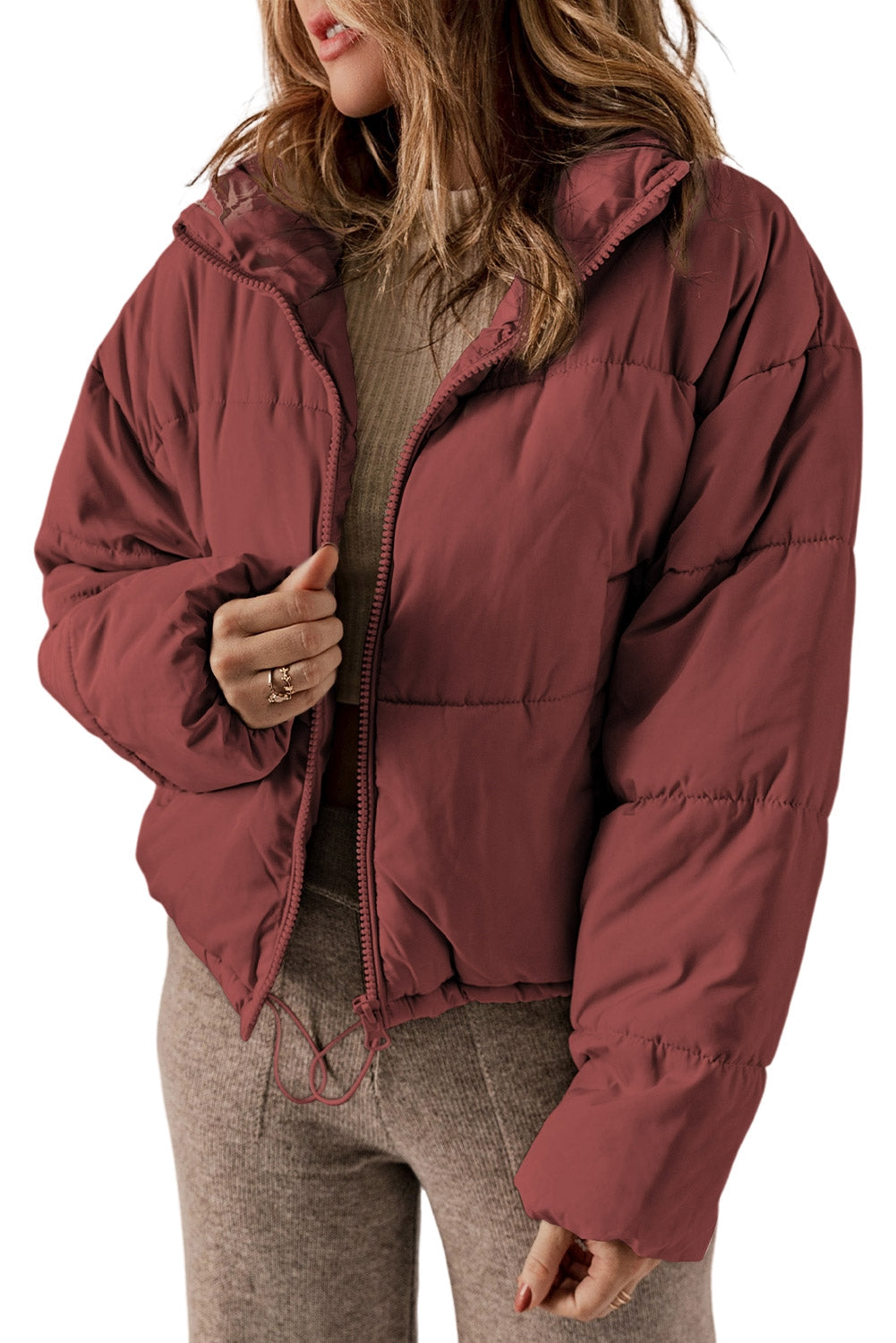 Zip Up Drawstring  Puffer Coat