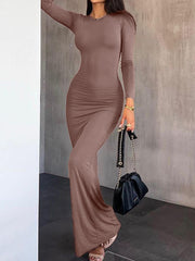 See-Through Solid Color Bodycon Long Sleeves Round-Neck Maxi Dresses