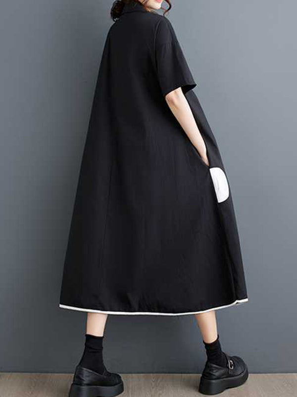 Buttoned Pockets Polka-Dot Split-Front Split-Joint A-Line Half Sleeves Lapel Shirt Dress Midi Dresses