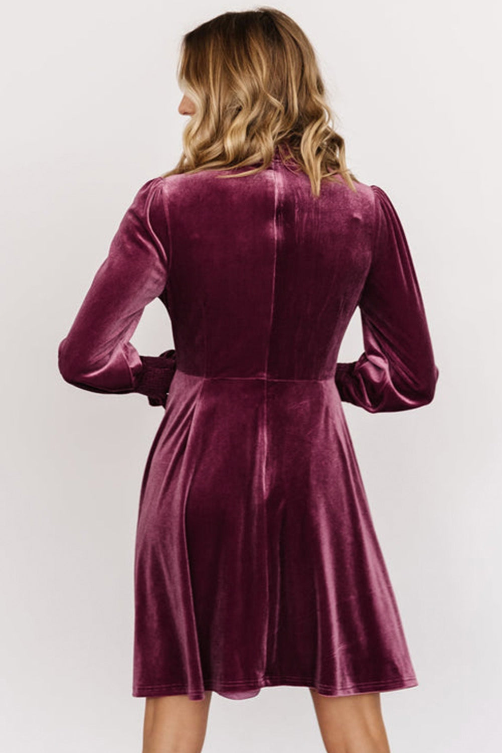 Burgundy Long Sleeve Dress Smocked High Neck Flounce Sleeve Velvet Dre