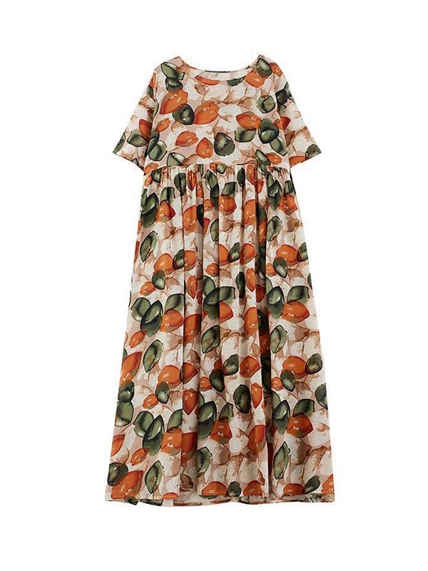 Pleated Printed Split-Joint Half Sleeves Loose Round-Neck Midi Dresses