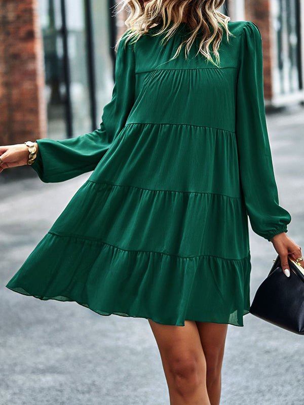 Elasticity Pleated Solid Color Split-Joint Tied A-Line Bishop Sleeve Mock Neck Mini Dresses