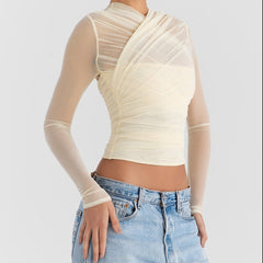 Beige Cross Mesh Long Sleeved Top