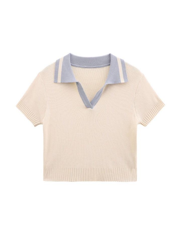 Contrast Color Polo Neck Short Sleeve Knit
