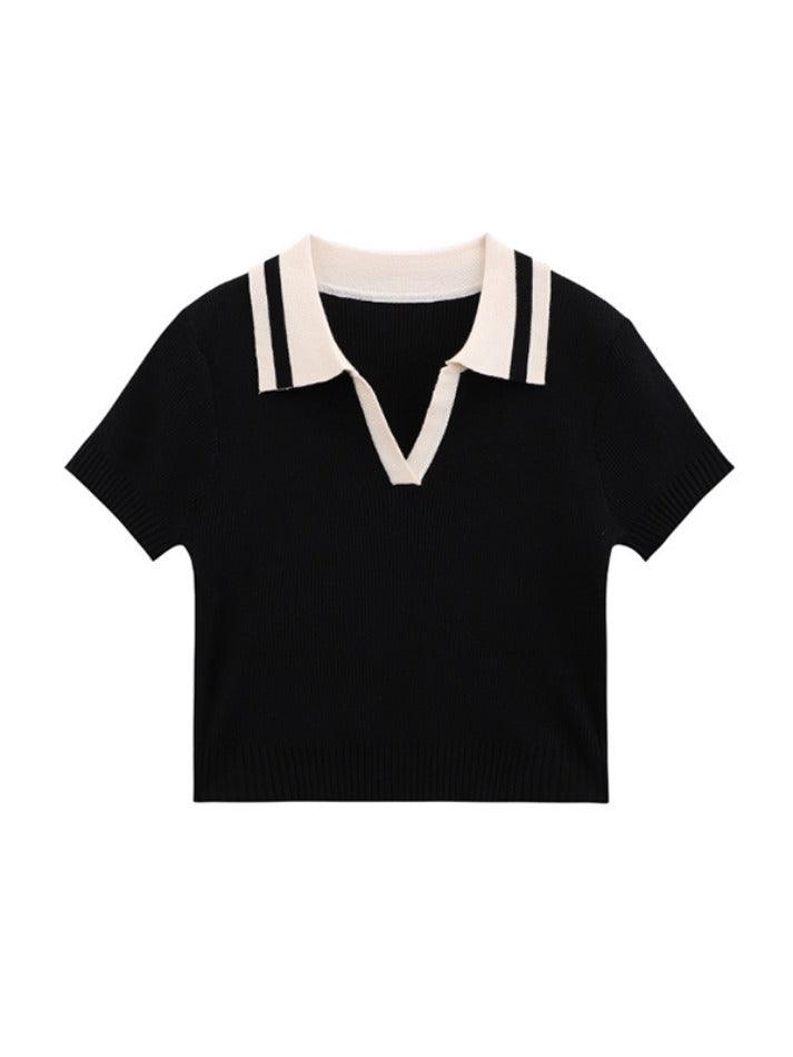Contrast Color Polo Neck Short Sleeve Knit