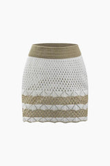 Contrast Openwork Knit V-neck Top And Mini Skirt Set