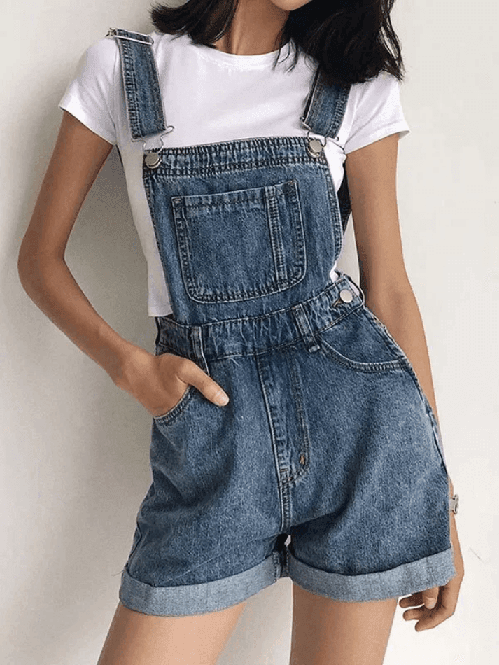 Cuffed High Waist Denim Overall Shorts