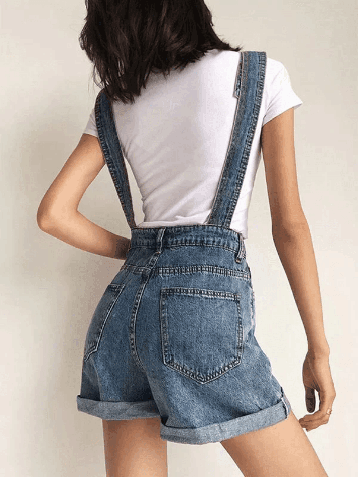 Cuffed High Waist Denim Overall Shorts