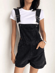 Cuffed High Waist Denim Overall Shorts