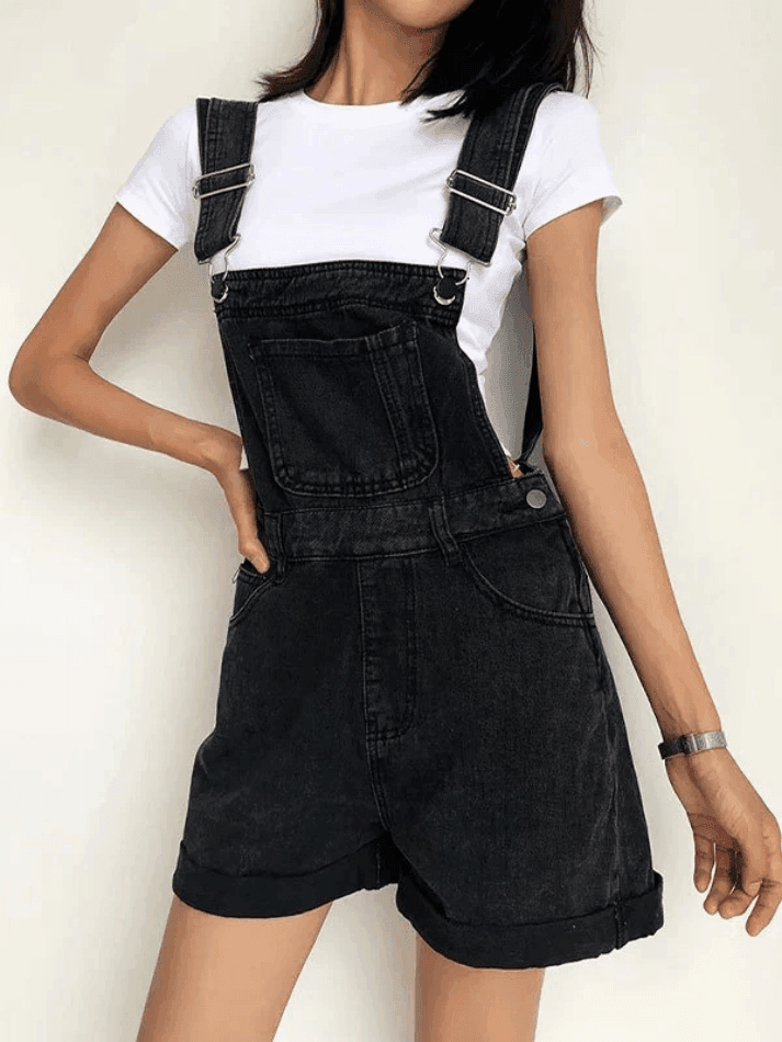 Cuffed High Waist Denim Overall Shorts