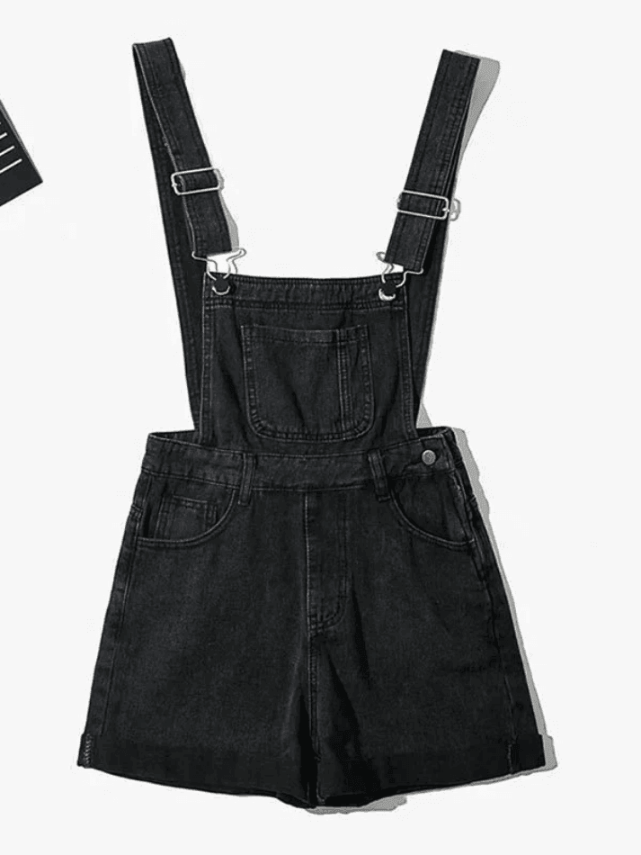 Cuffed High Waist Denim Overall Shorts