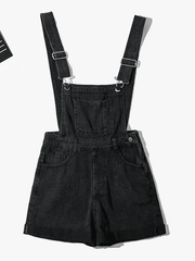 Cuffed High Waist Denim Overall Shorts