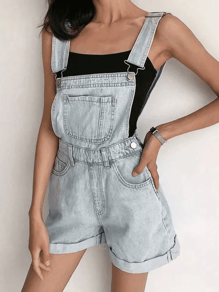 Cuffed High Waist Denim Overall Shorts