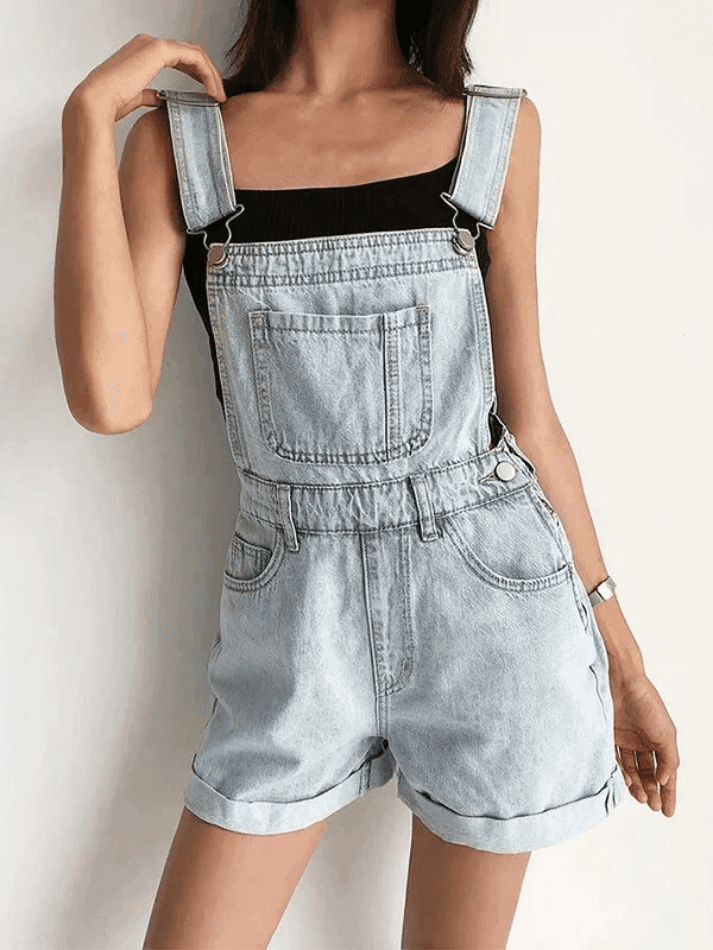Cuffed High Waist Denim Overall Shorts