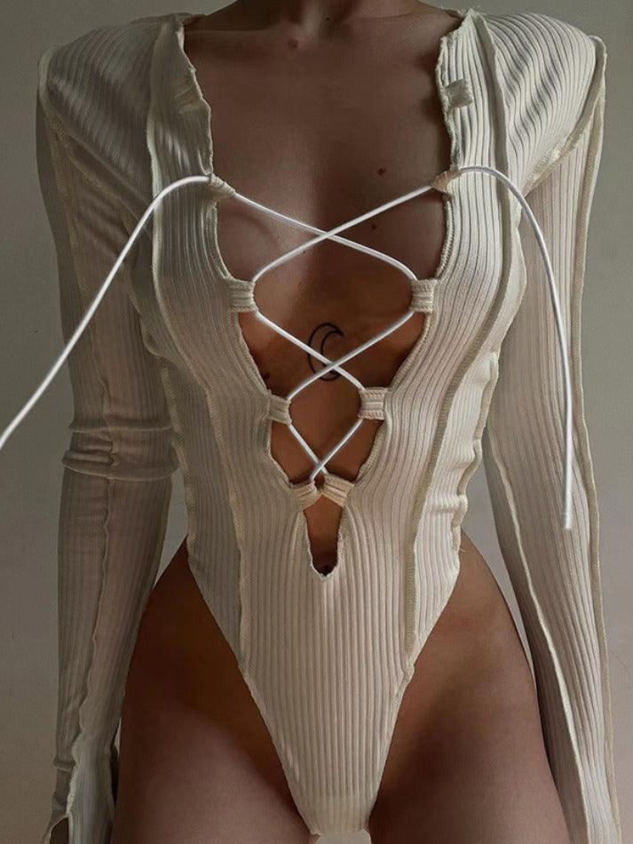 Cutout Cross Lace Up Bodysuit