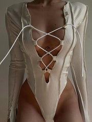 Cutout Cross Lace Up Bodysuit