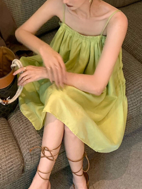 Pleated Solid Color Loose Sleeveless Spaghetti-Neck Slip Dress Mini Dresses