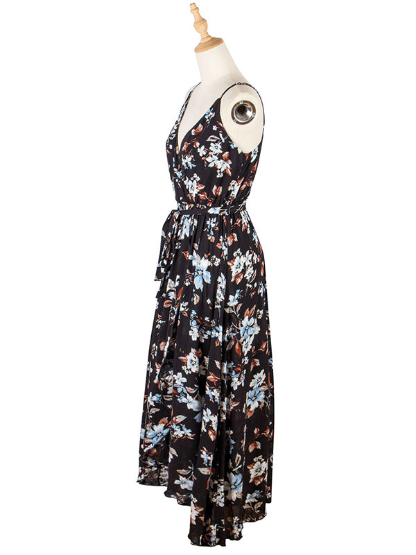 Vacation Sleeveless Floral Printed Backless V-Neck Dress