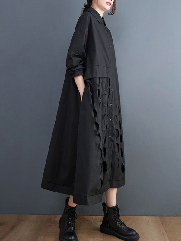 Asymmetric Hollow Polka-Dot Solid Color A-Line Long Sleeves Lapel Midi Dresses