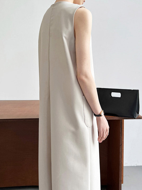 Pockets Solid Color Split-Back Zipper High Waisted Loose Round-Neck Midi Dresses