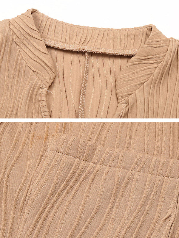 Pleated Solid Color Split-Joint Loose Short Sleeves V-Neck Mini Dresses