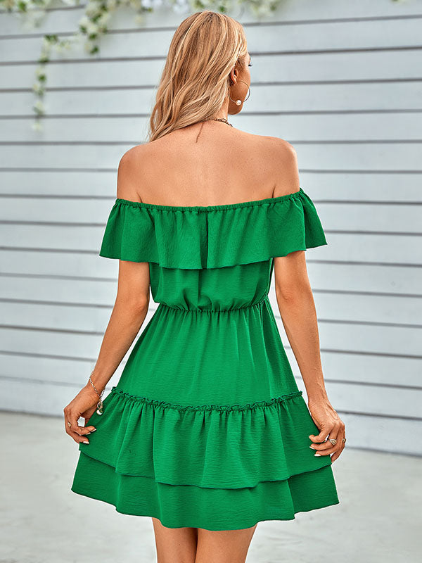 Vacation A-Line Loose Solid Color One-Shoulder Mini Dress