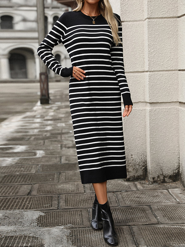 Split-Joint Striped Long Sleeves Loose Round-Neck Sweater Dresses Midi Dresses