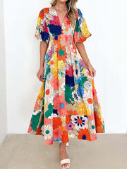 Flower Print Pleated Split-Joint Zipper A-line High Waisted V-neck Maxi Dresses