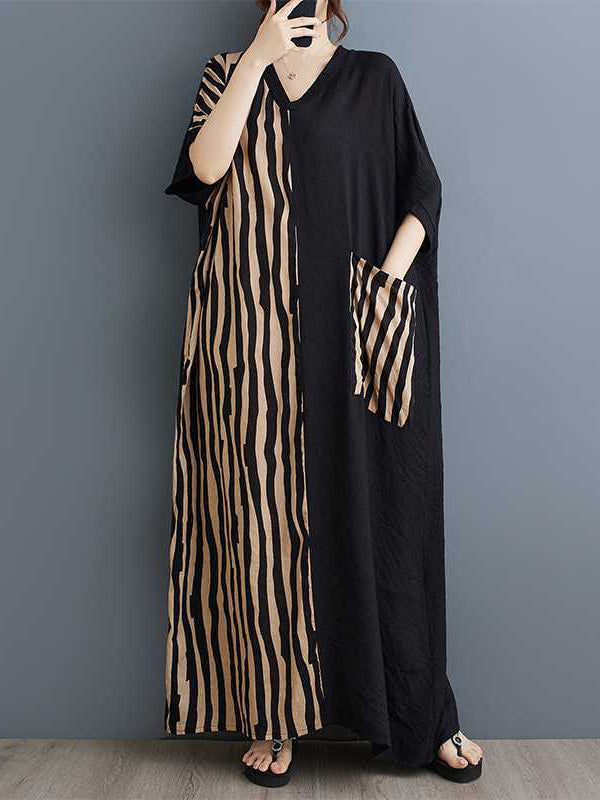 Contrast Color Pockets Split-Joint Striped A-Line Batwing Sleeves V-Neck Maxi Dresses