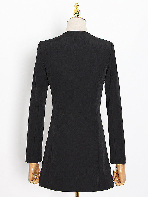 Buttoned Pockets Shoulder Pad A-Line High Waisted Square-Neck Mini Dresses Blazer