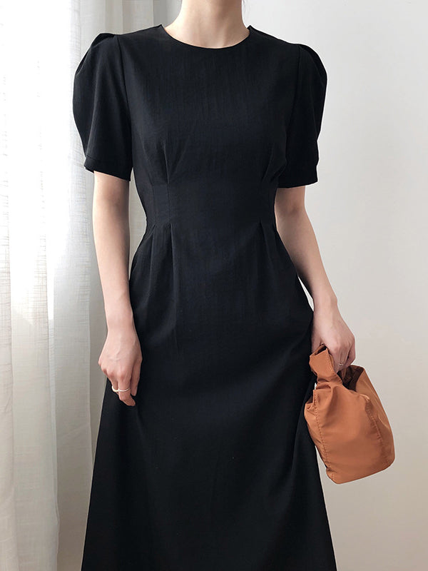 Original Creation Loose Short Sleeves Solid Color Round-Neck Midi Dresses